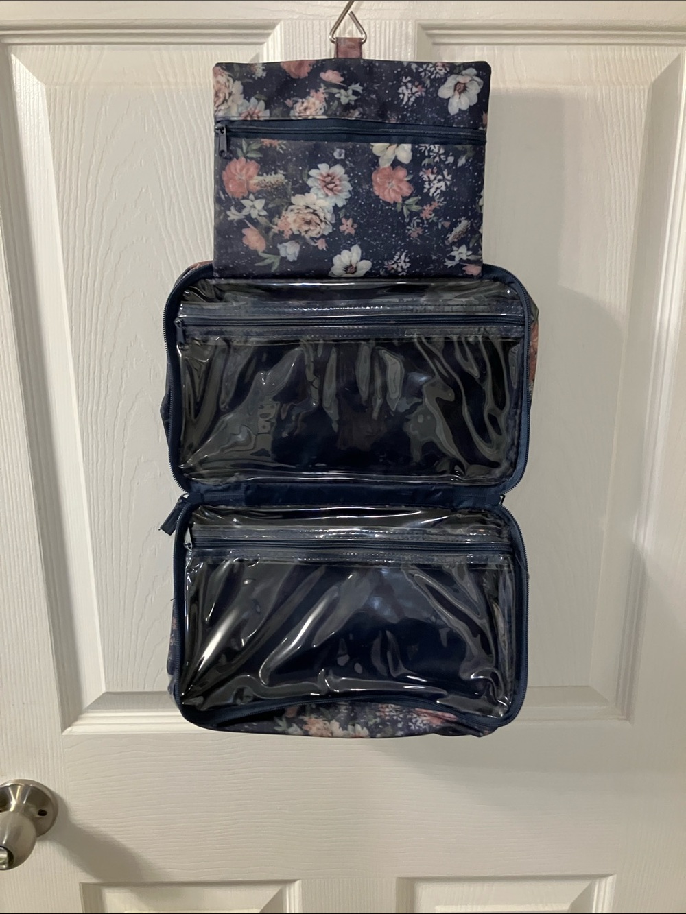Floral Hanging Travel Organizer - Navy with Pink & Cream Flowers